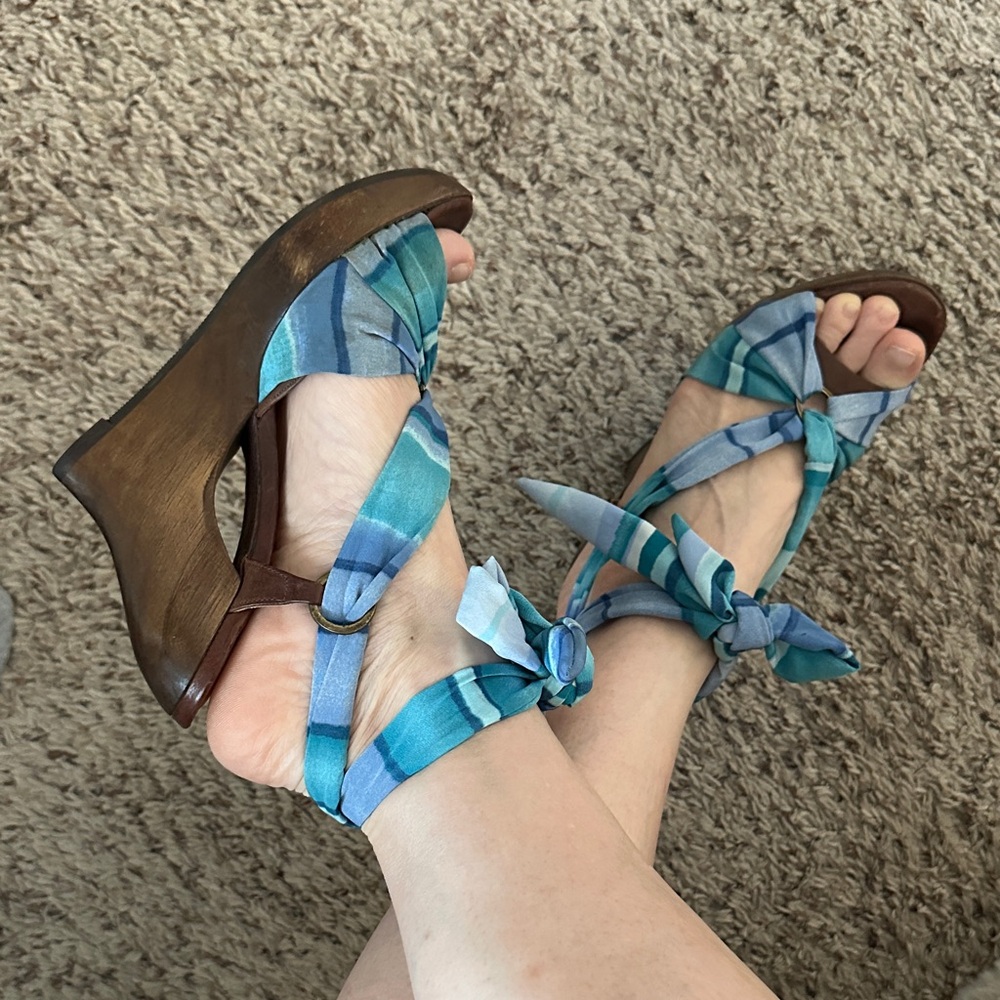 Blue Strappy Wedge Sandals